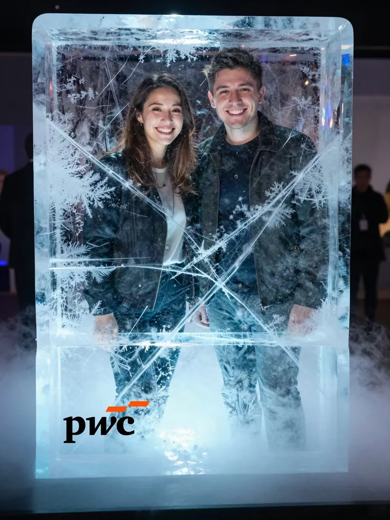 AI-photobooth resultaat: twee gasten in een blok ijs, met het logo van PwC